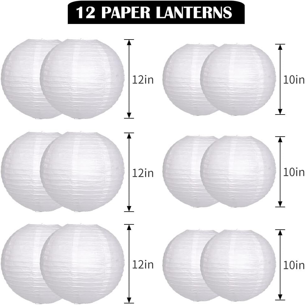 Paper Lanterns Decorative, White Hanging Round Chinese Lanterns with Lights for Wedding Anniversary Birthday Party 12 LED Light Pack of 12