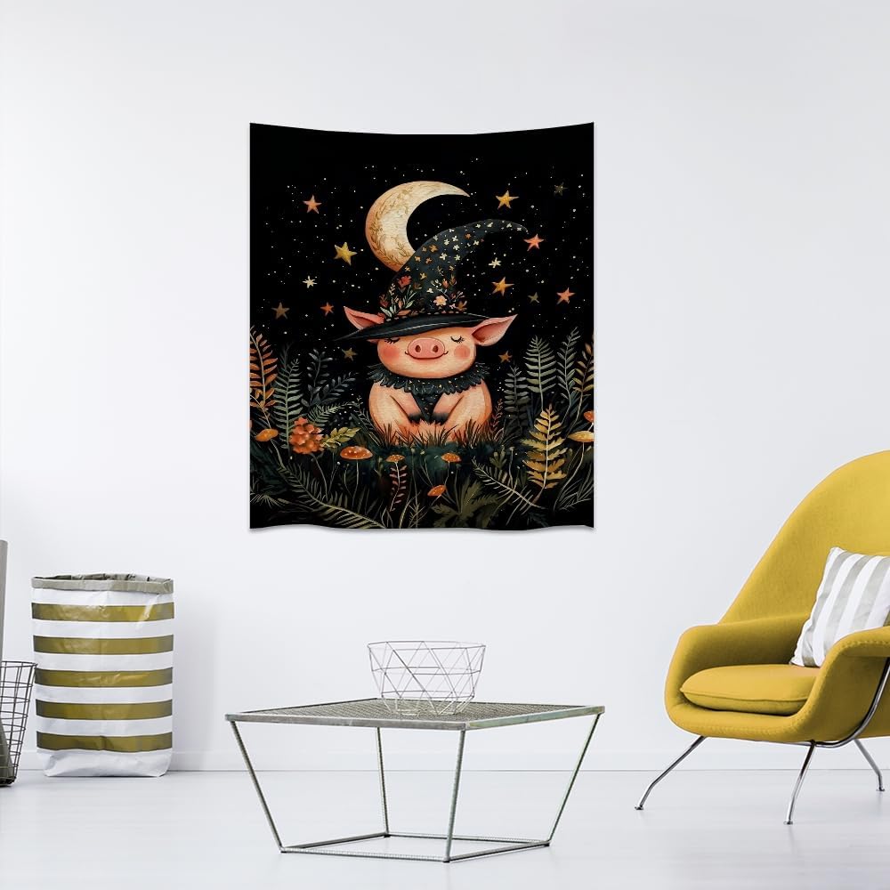 Whimsical Witch Pig Tapestry Wall Hanging Cute Farmhouse Animal Tapestry Aesthetic Moon and Stars Pictures Print Cottagecore Witchy Halloween Artwork Tapestries Decor for Living Room Bedroom 40x60inch