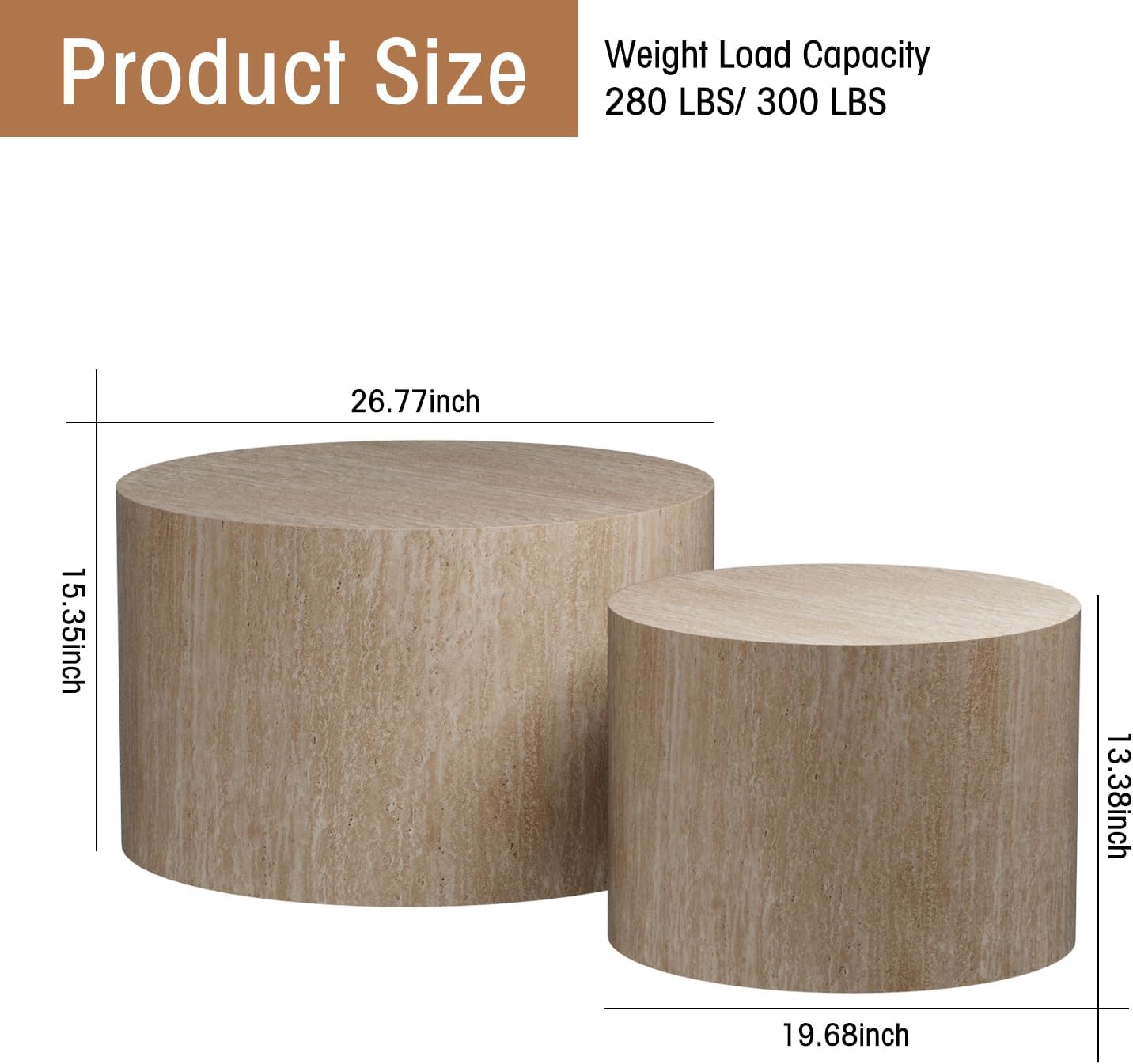 Round Nesting Coffee Table Set of 2 Modern Wood Coffee Tables Handcraft Drum Coffees Table Farmhouse Round Sofa Side Tables End Table for Living Room Small Spaces, No Assembling (Travertine Large)