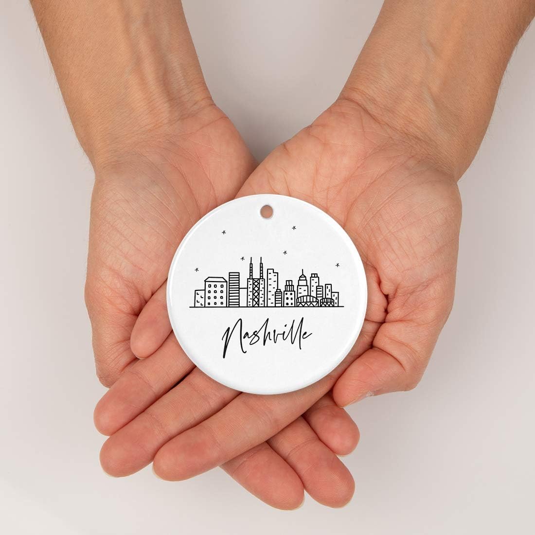 Andaz Press Round Ceramic Porcelain Christmas Tree Ornament, Nashville Black and White Stars City Skyline, 1-Pack, Birthday Ideas for Family Coworker, Christmas Ornament