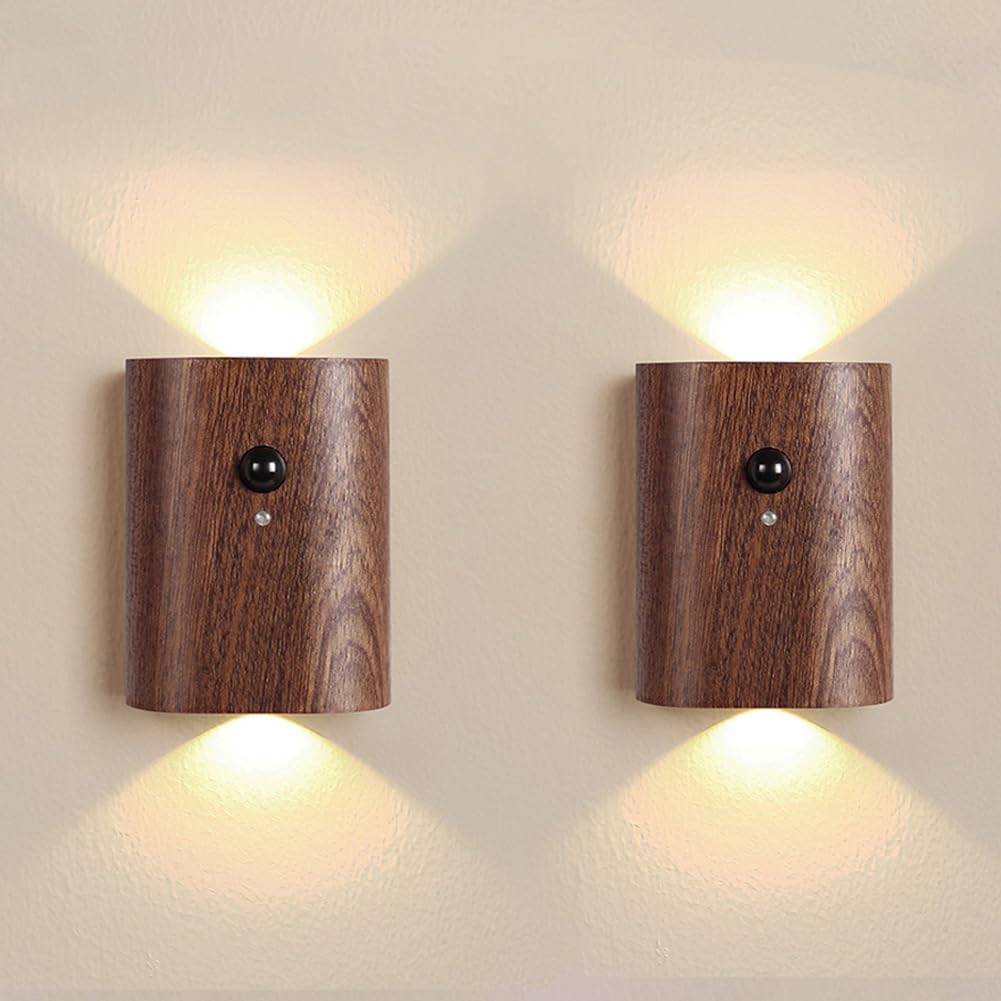 LANDGOO Smart Night Light Step Lights 2 Pack - Rechargeable Motion Sensor Stair Lights, 2700K Warm White LED, Walnut Wood for Hallway & Bedroom Safety