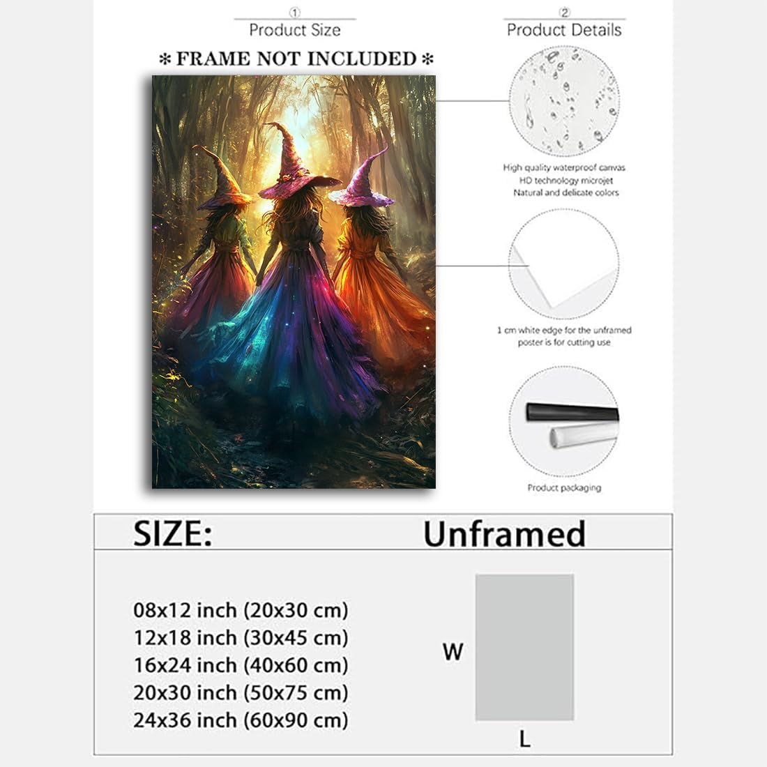 Halloween Room Decor Wall Art Colorful Witch Prints,Vintage Three Colorful Witches in Forest Halloween Posters,Fall Fantasy Aesthetic Pictures Playful Art Wall Decor for Bedroom,16"x24" Unframed