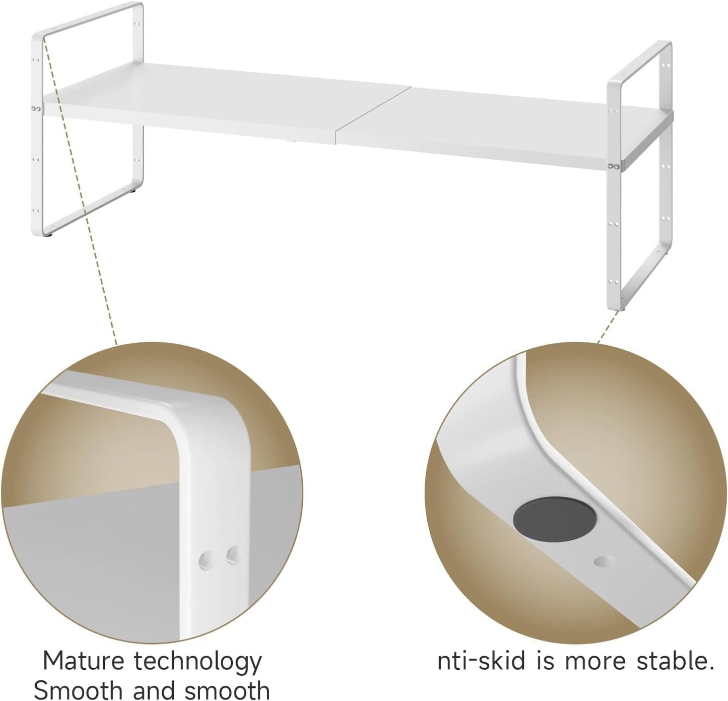 16.5~27.1" Expandable Shelf Organizer, 1Pack 10.2" Wide Stackable Cabinet Shelf Organizers, White Metal Sturdy Kitchen Counter Storage for Countertop, Adjustable Height Spice Rack