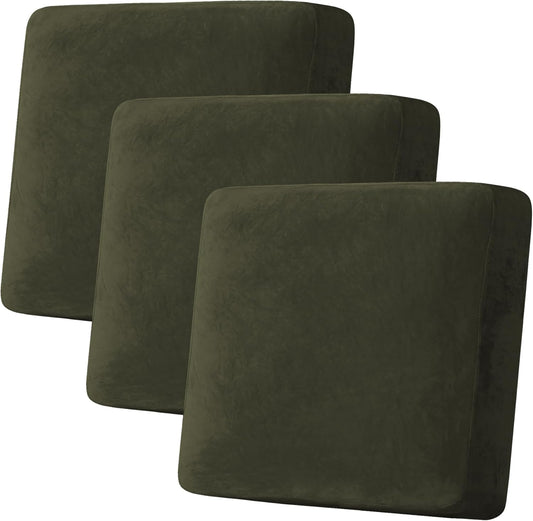 H.VERSAILTEX Velvet Stretch Couch Cushion Cover Plush Cushion Slipcover for Chair Loveseat Sofa Cushion Furniture Protector Seat Cushion Sofa Cover (3 Piece XL Sofa Cushion Covers, Olive)