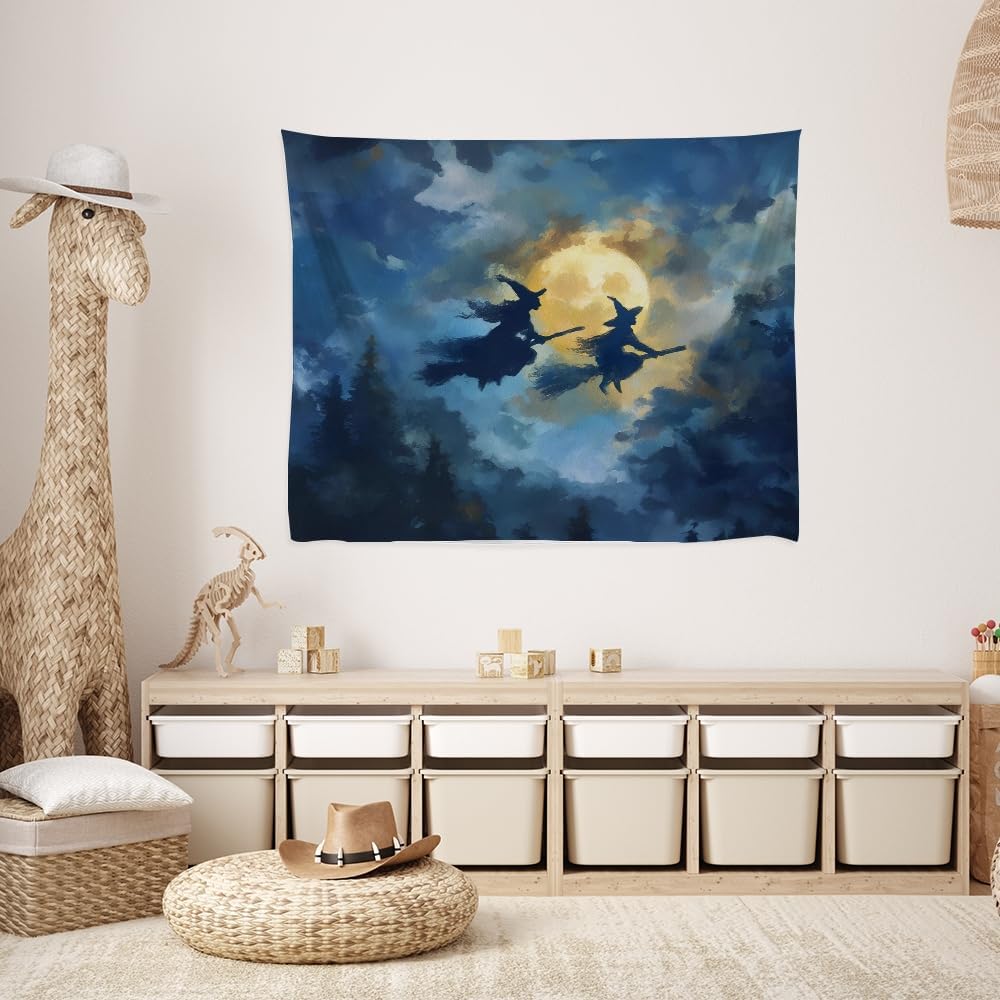 Spooky Halloween Witch Tapestry Wall Hanging Dark Fantasy Night Sky Aesthetic Print Flying Witches Under Full Moon Tapestries Horror Ghost Halloween Party Decor for Living Room Bedroom 40x60inch
