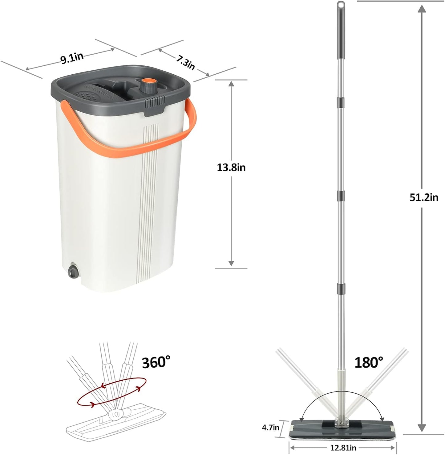 Jelymark Flat Mop and Bucket with Wringer Set, Separates Dirty and Clean Water, 3-Chamber Mop Wet and Dry Use, Not-Hands Squeeze Mops for Floor Cleaning, 4 Reusable Microfiber Mop Pads Included