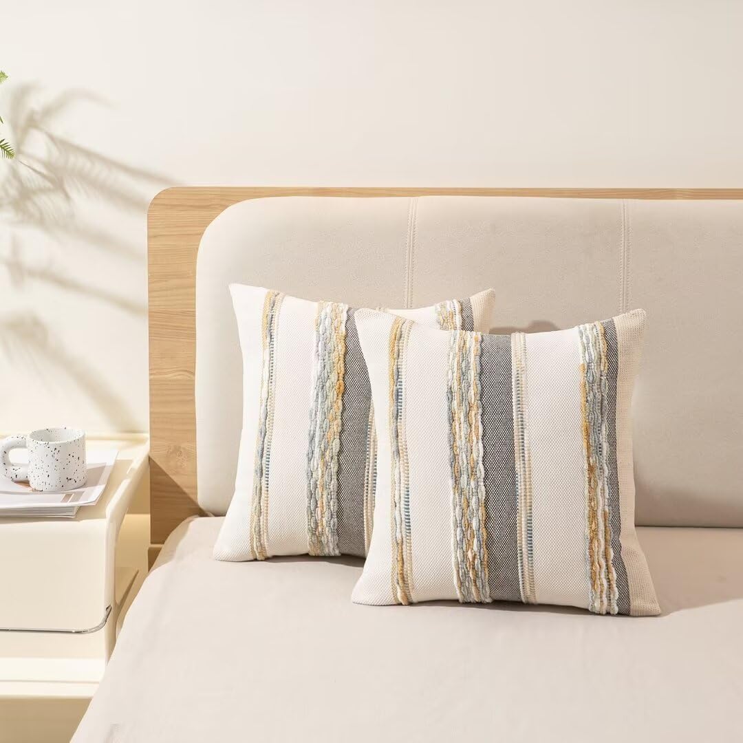 Boho Throw Pillow Covers 18x18 Set of 2 Farmhouse Decorative Cushion Case Striped Square Pillows Cover Chenille Pillow Cases Accent Neutral Pillowcase for Sofa Couch Bed,Orange-Gray