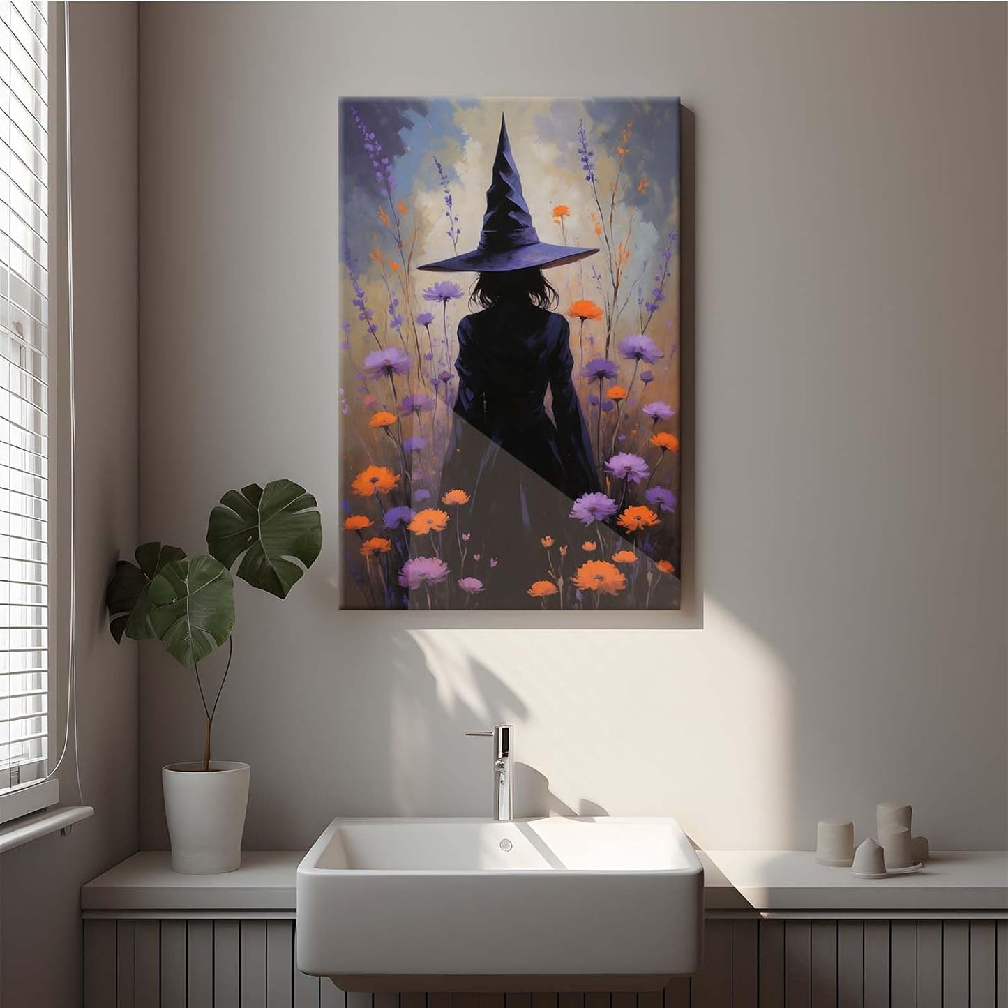 JFHCQJPK Country wildflower witch canvas print halloween mashup art witch purple decoration bohemian elegant art poster16x24in Frameless