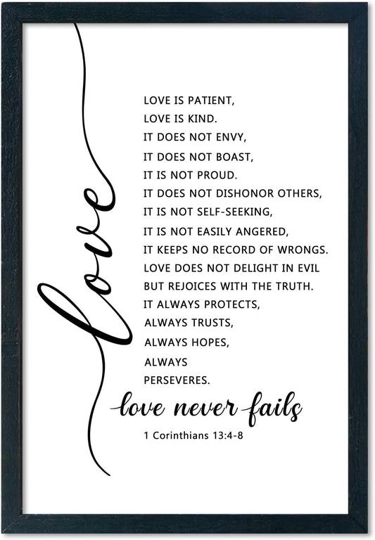 LuZhiQiang Love Is Patient Kind Wall Art 16"×11" Love Never Fails Sign 1 Corinthians 13 Bible Verse Wood Framed Wall Hanging Decor (Black)
