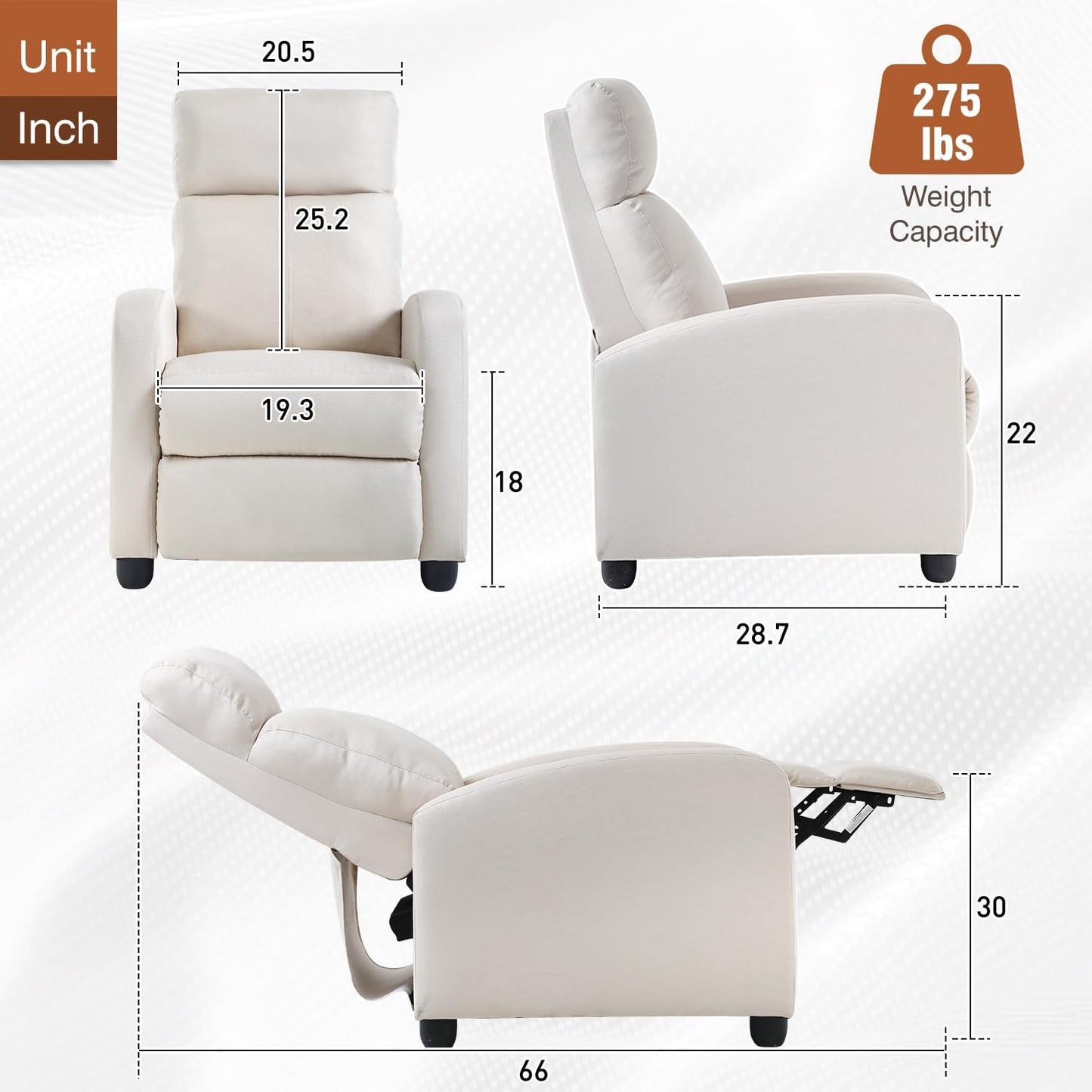 BestMassage | Recliner Chair | No Massage Function | Textile Beige | with Lumbar Support, Adjustable Push Back, Wide Armrests, Footrest & Padded Seat | Easy Assembly | for Living Room, Home Theatre