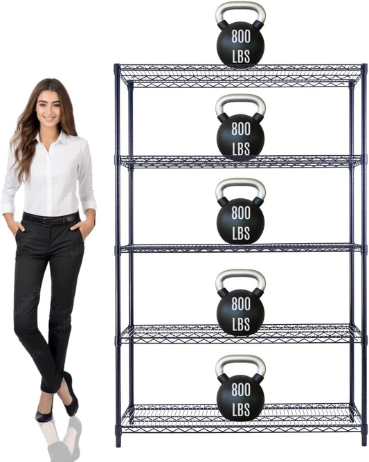 48"x24"x72" Prime Heavy Duty Black 5-Tier Steel Wire Shelving NSF 4000 LBS MAX Capacity Storage Rack for Commercial, School, Home, Garage, Warehouse, Industrial, and Hospital Uses (with Wheels)