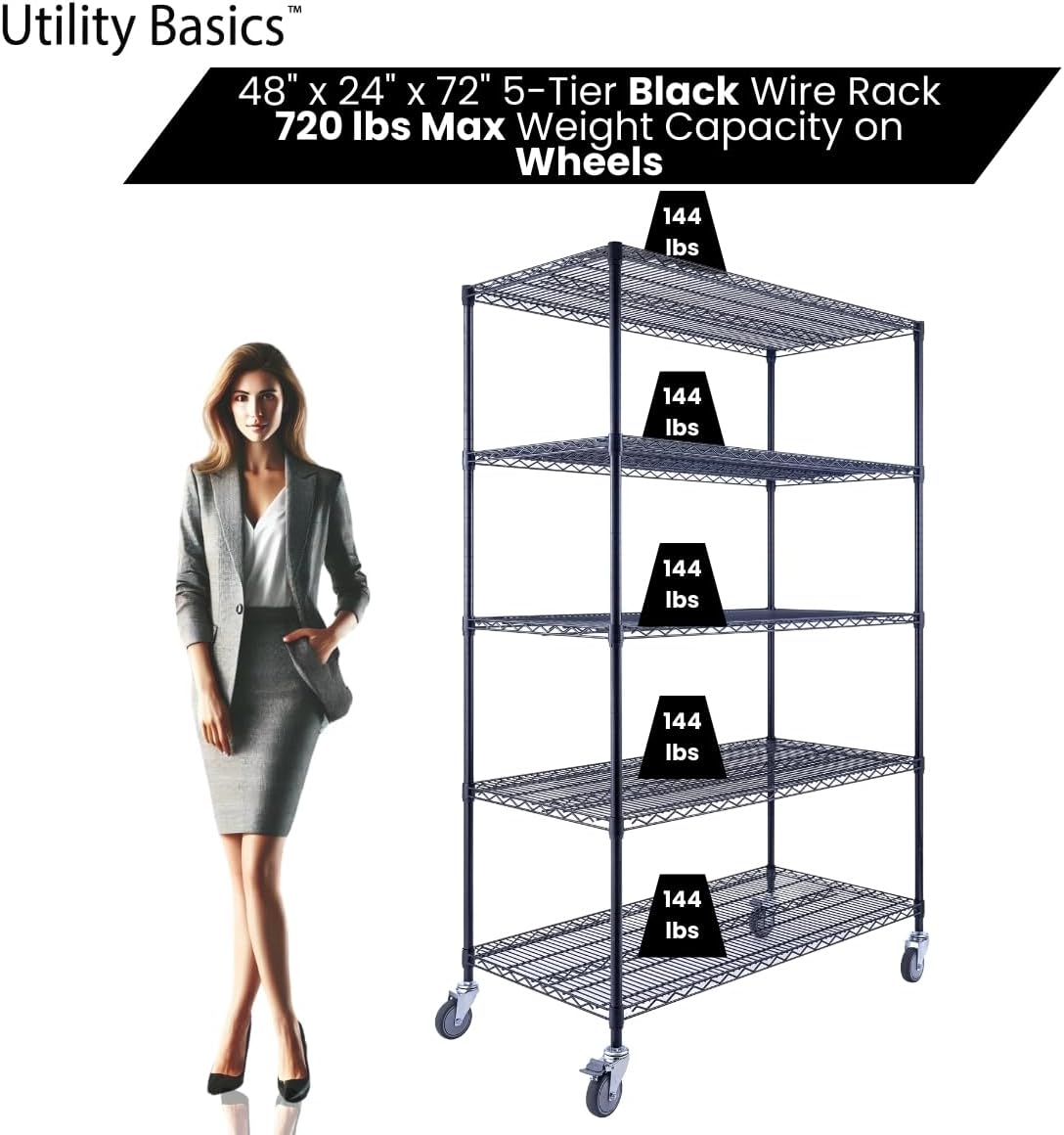 48"x24"x72" Black 5-Tier Premium Wire Shelving NSF 4000 LBS MAX Capacity Heavy Duty Steel Storage Rack for Warehouses, Garages, Hospitals, Commercial Spaces, & Schools w/Premium Wheels
