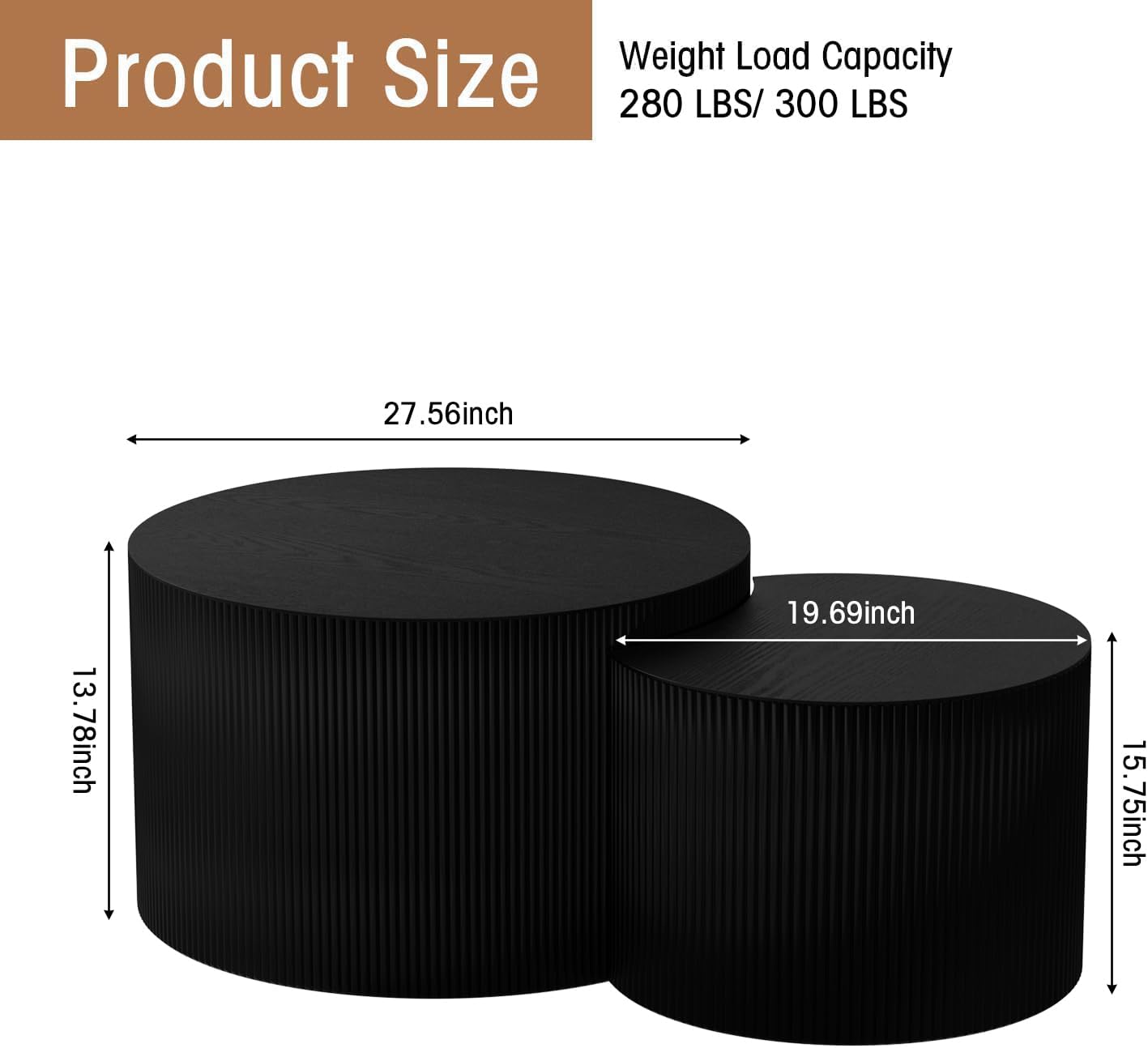 Round Nesting Coffee Table Wood Drum Nesting Tables Modern Stacking Coffee Table Set of 2 Fluted Center Table End Table for Living Room Home Office Small Spaces, No Assembling (Black Crescent)