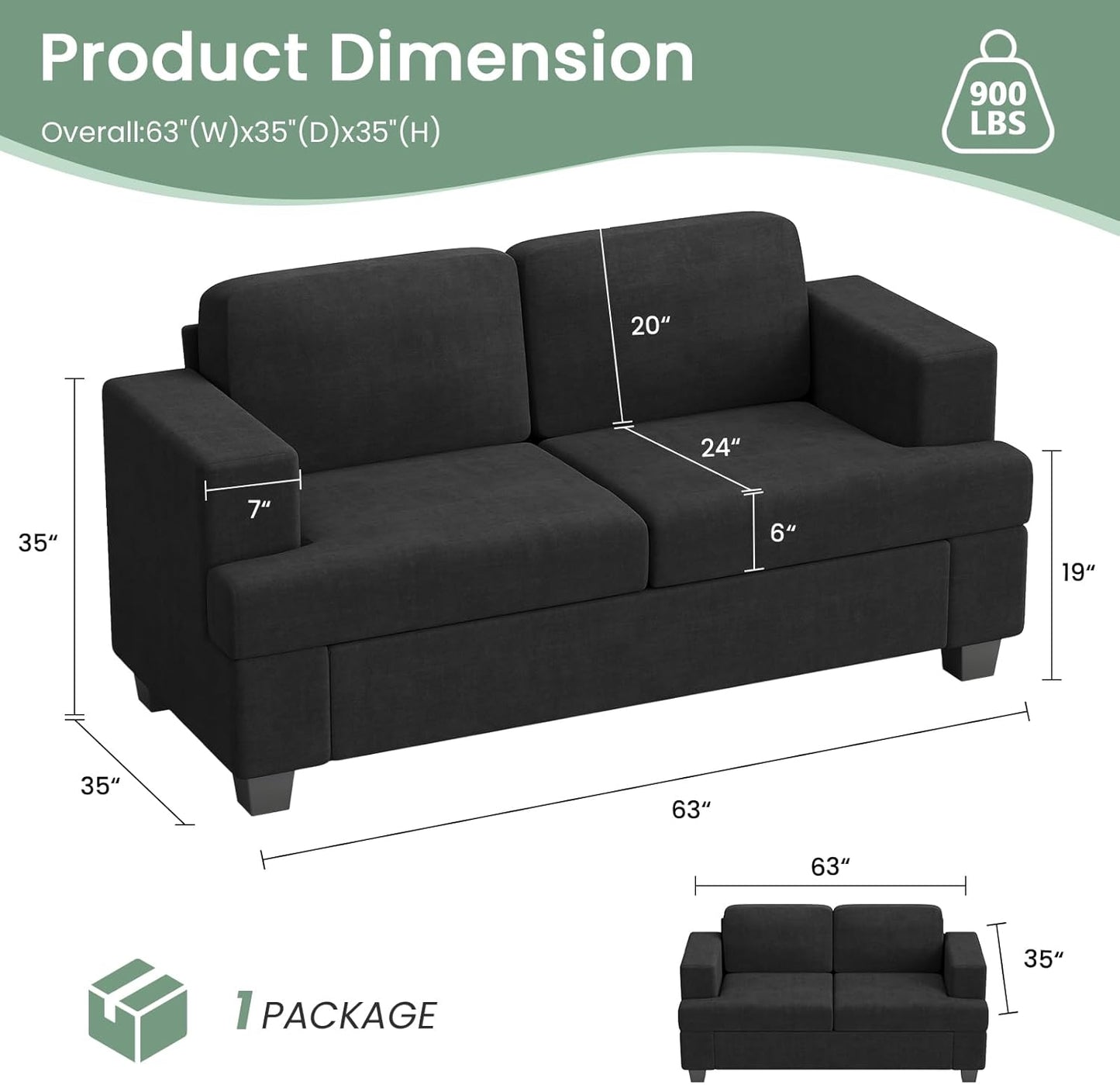 Sofa, 3 Piece Set Comfy Sofa, Loveseat & 2 3-Seater Couch with Deep Seats for Living Room, Modern Sleeper Couch, Dark Grey Chenille
