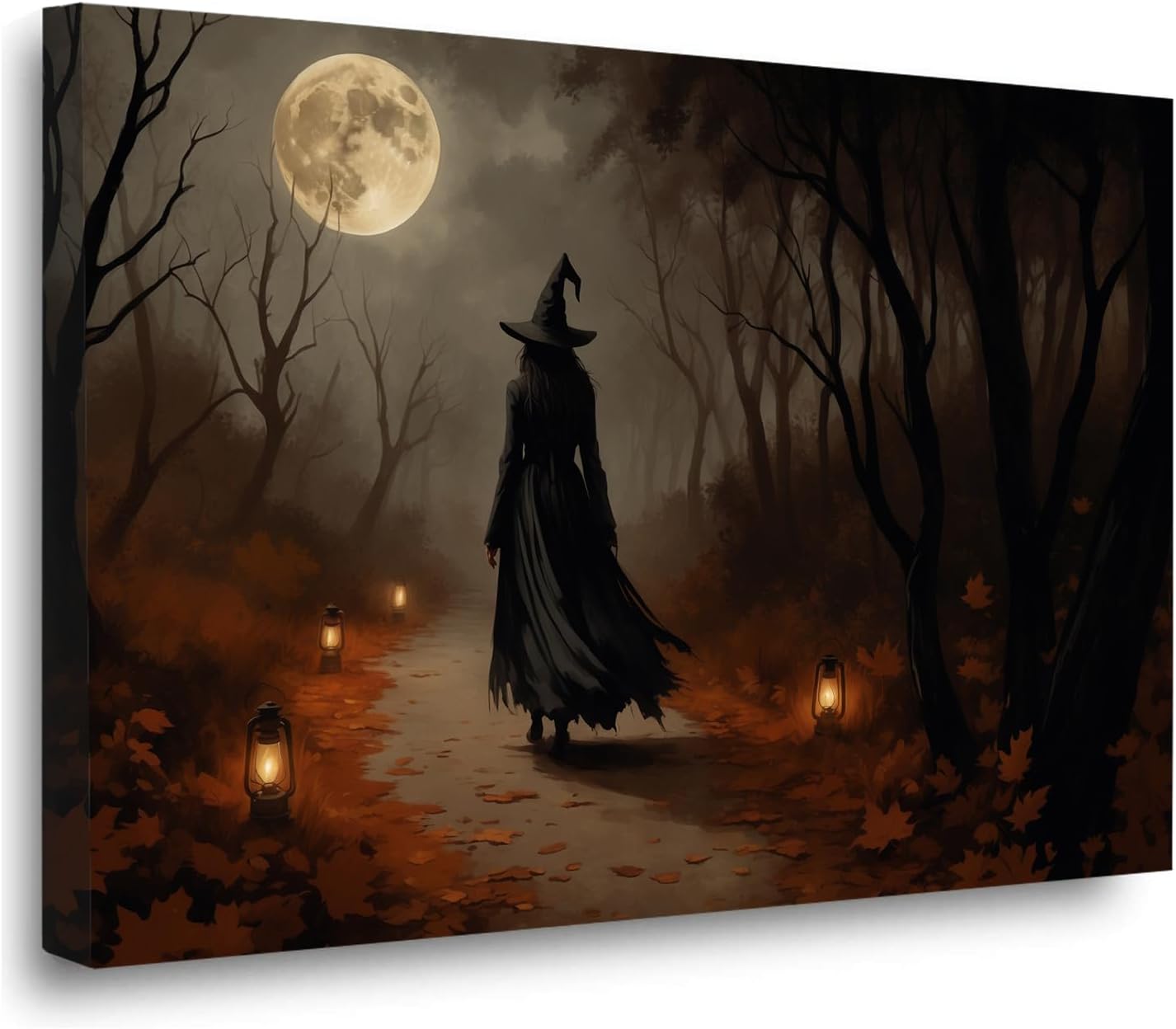 Moonlight witch poster dim lantern Halloween decoration Gothic style dark retro college style canvas wall art suitable for living room bedroom24x36in Wood Framed