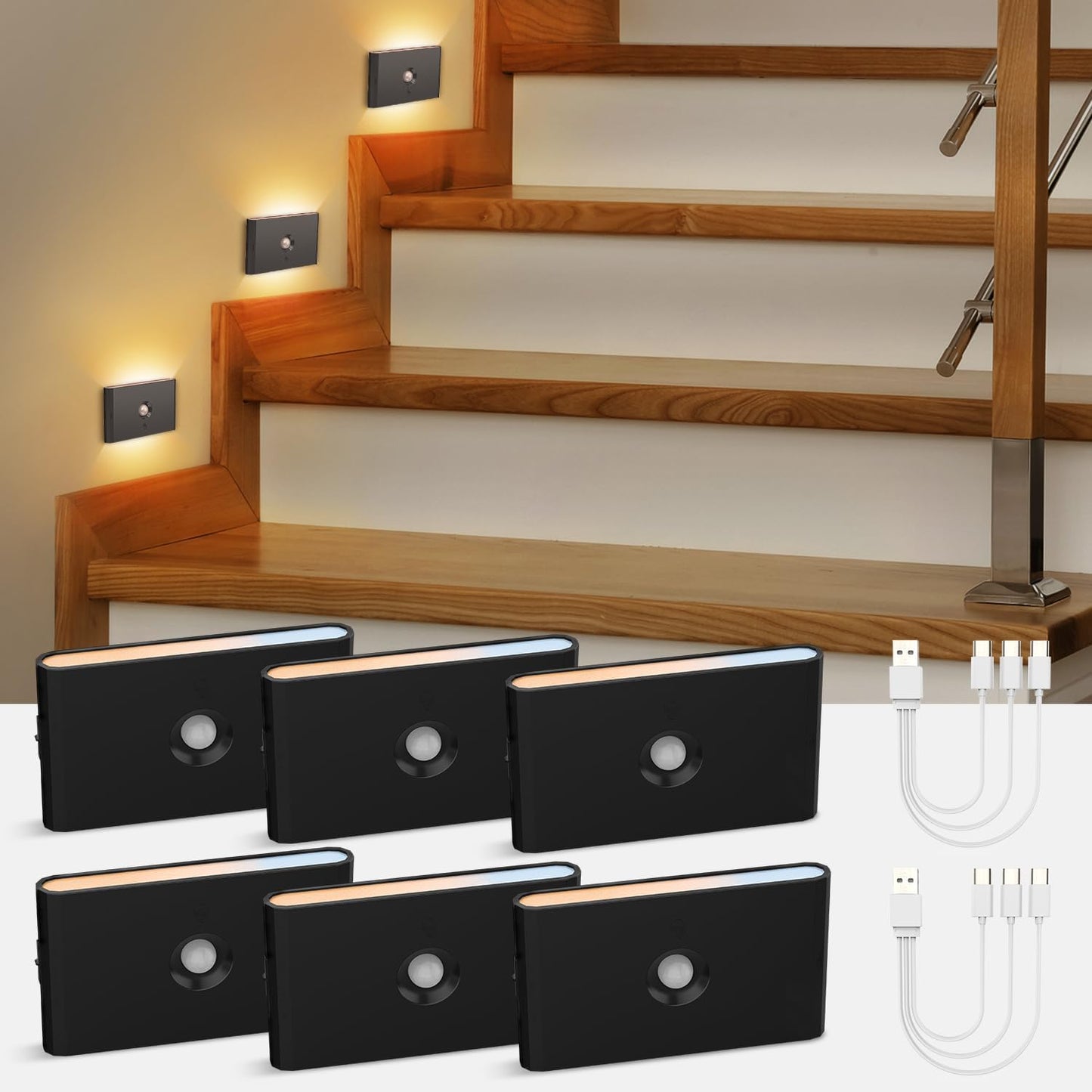 wowatt 6 Packs Rechargeable Motion Sensor Stair Light Black (Magnetic Mounting Design)(Sensor Modes Available)(Lighting Dimmable) Battery Night Lights for Stairway, Hallway, Bathroom