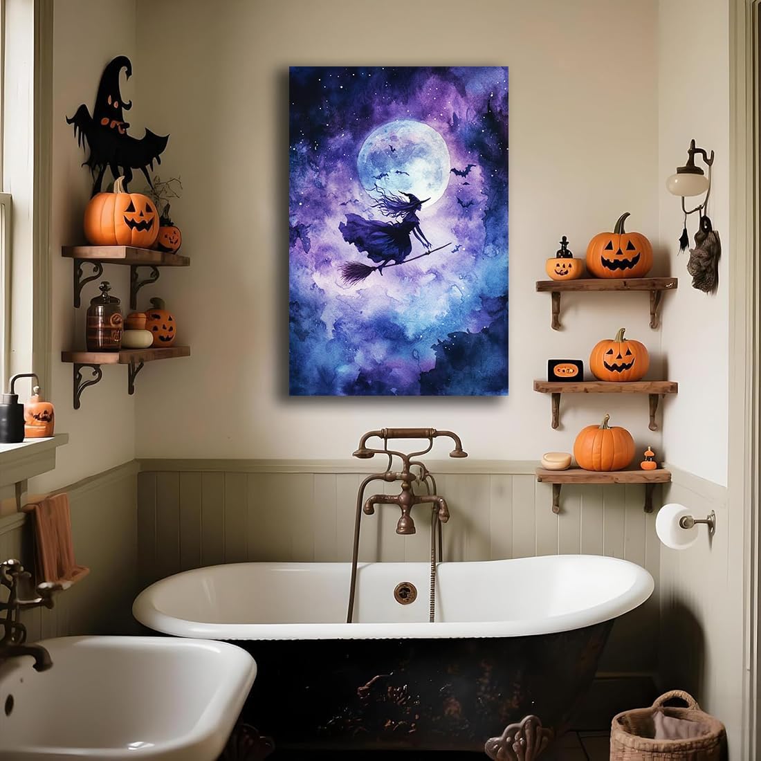 Witch On Broom Flying Wall Art,Gothic Halloween Canvas Wall Art,Victorian Witch Silhouette In Moonlight Broomstick Poster Pictures,Creepy Halloween Purple Night Sky Print,20"x30" Framed