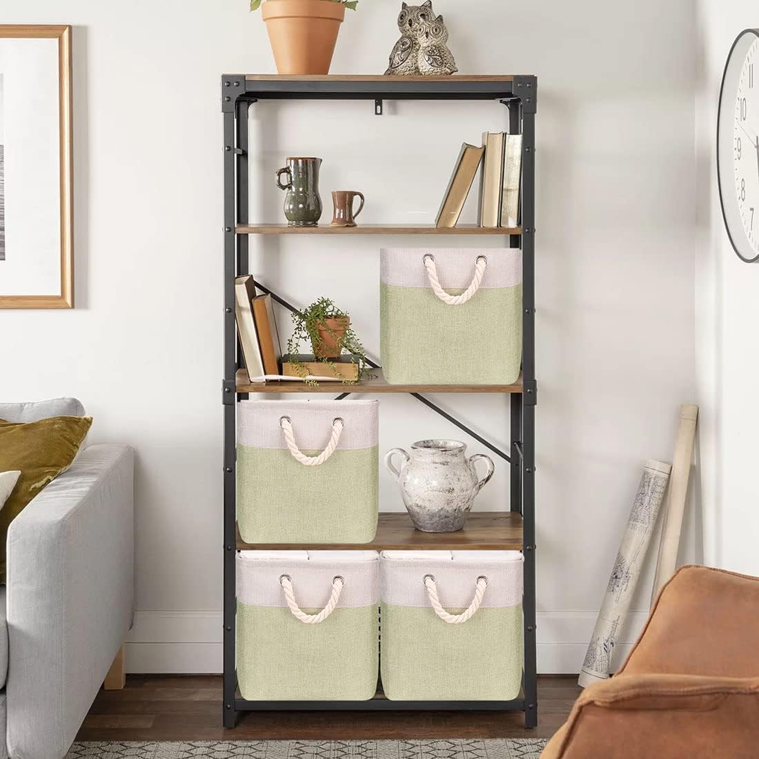 i BKGOO 3Pack Large Foldable Storage Bins，Collapsible Sturdy Cationic Fabric Organizing Storage Basket Cube with Cotton Handles for Home Office Shelf Clothes Toys Beige-Green 13×13×13 inch