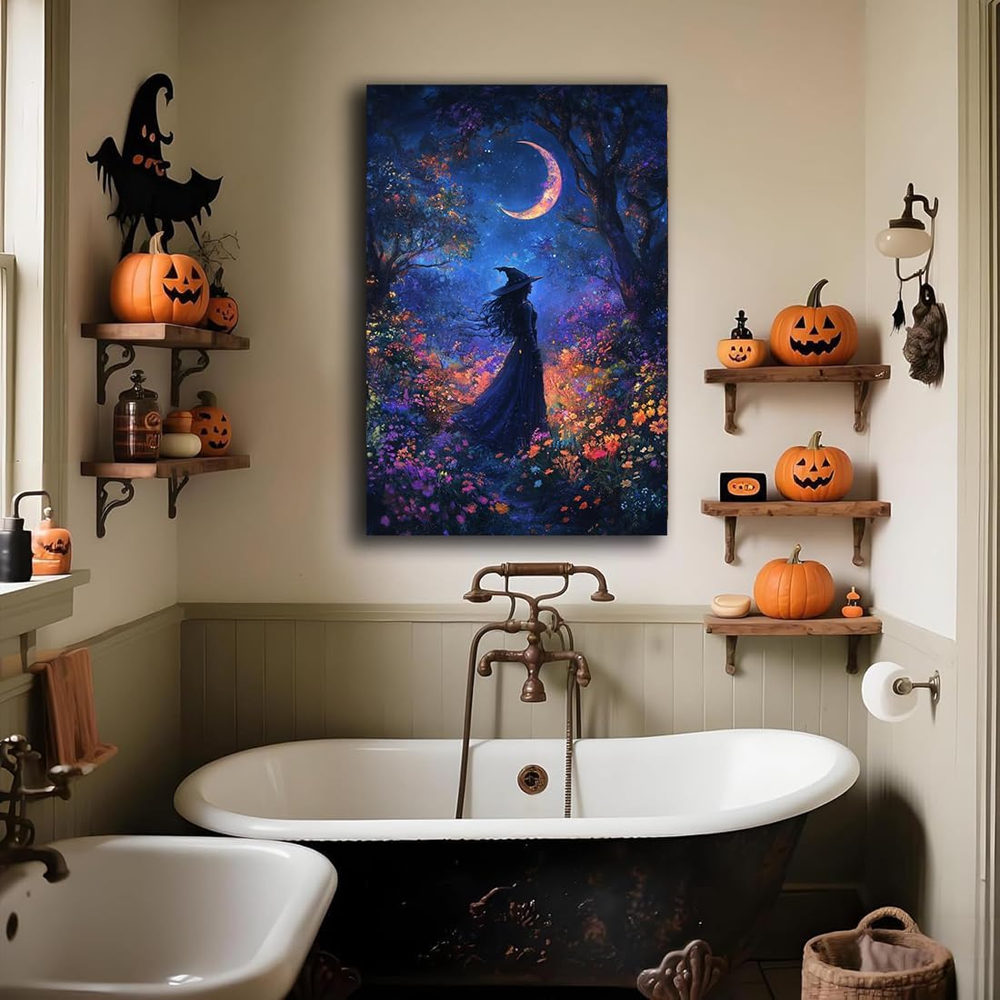 Vintage Halloween Witch Decor Mystic Gothic Wall Art Poster,Enchanting Witch Fall Whimsical Wildflowers Woodland Forest Crescent Moon Picture Art,Creepy Witchy Home Decor,12"x18" Framed