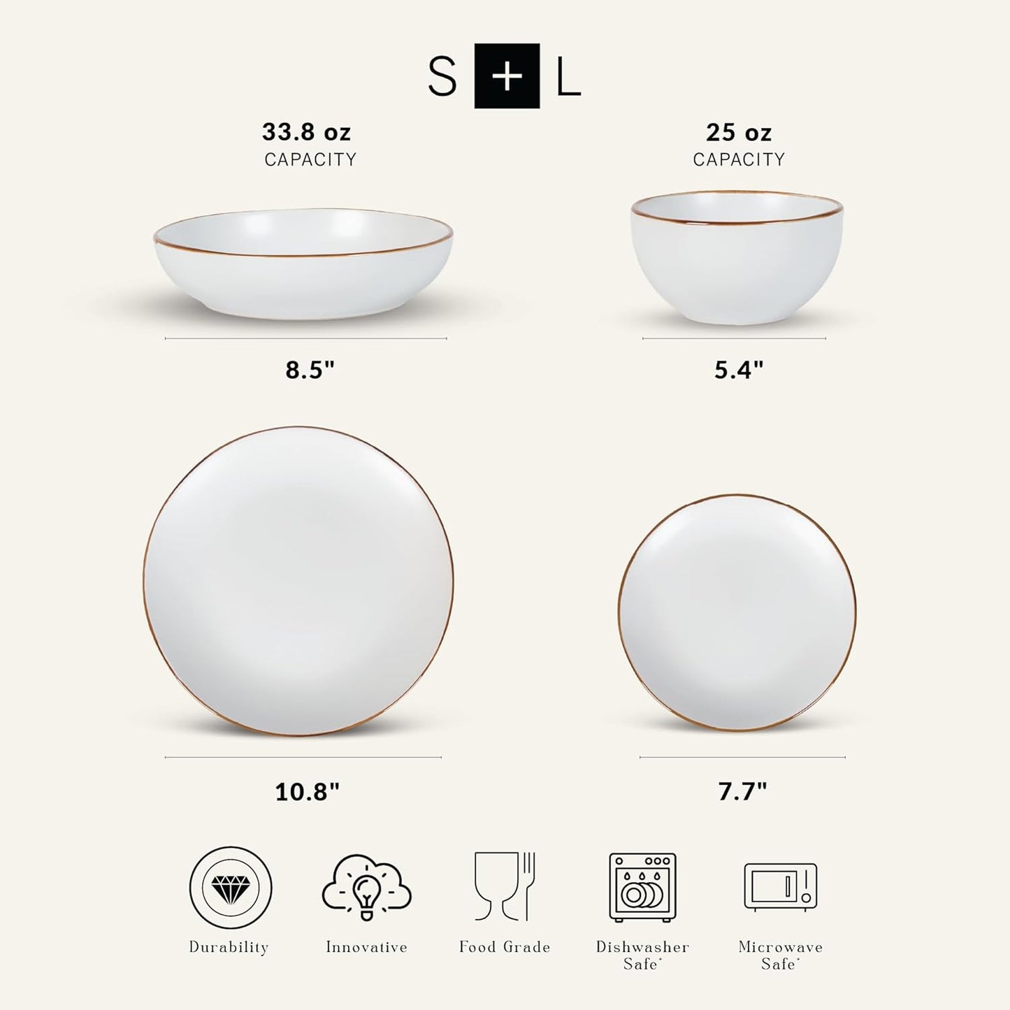 Stone Lain Brasa Modern Stoneware 16 Piece Dinnerware Sets, Plates and bowls Sets, Dish Set for 4, White