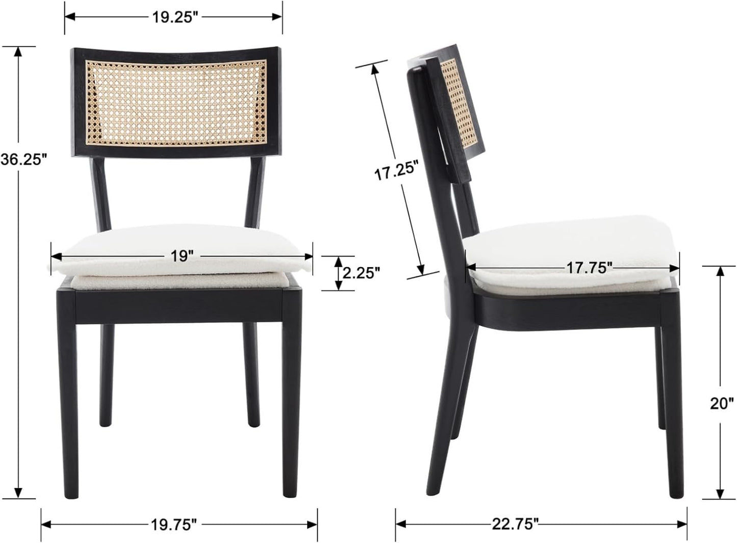 Rattan Dining Chairs Set Of 2 , Mid Century Modern Black Wooden Cane Back Chairs with Removable Sherpa Cushion , Retro Farmhouse Upholstered Kitchen & Dining Room Chairs for Restaurant Living Room