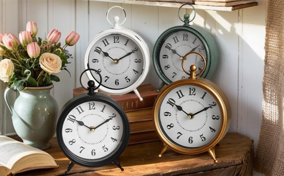 Small white table clock Vintage Rustic White Table Clock on Stand, Decorative Desk and Shelf Clock Farmhouse Mantel Clock Rustic Non-Ticking Clock