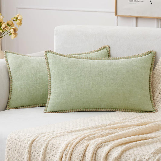 MIULEE Pack of 2 Couch Throw Pillow Covers 12x20 Inch Light Green Farmhouse Decorative Pillow Covers with Stitched Edge Soft Chenille Solid Dyed Spring Pillow Covers for Sofa Bed Living Room