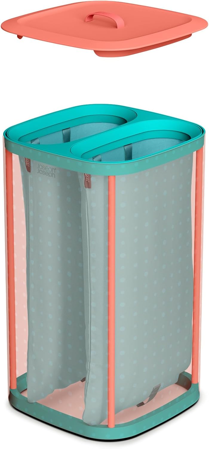 Joseph Joseph Tota Pop 60 liter/15.8 gallon Laundry Hamper Separation Basket with lid, 2 Removable Washing Bags with Handles- Coral/Green