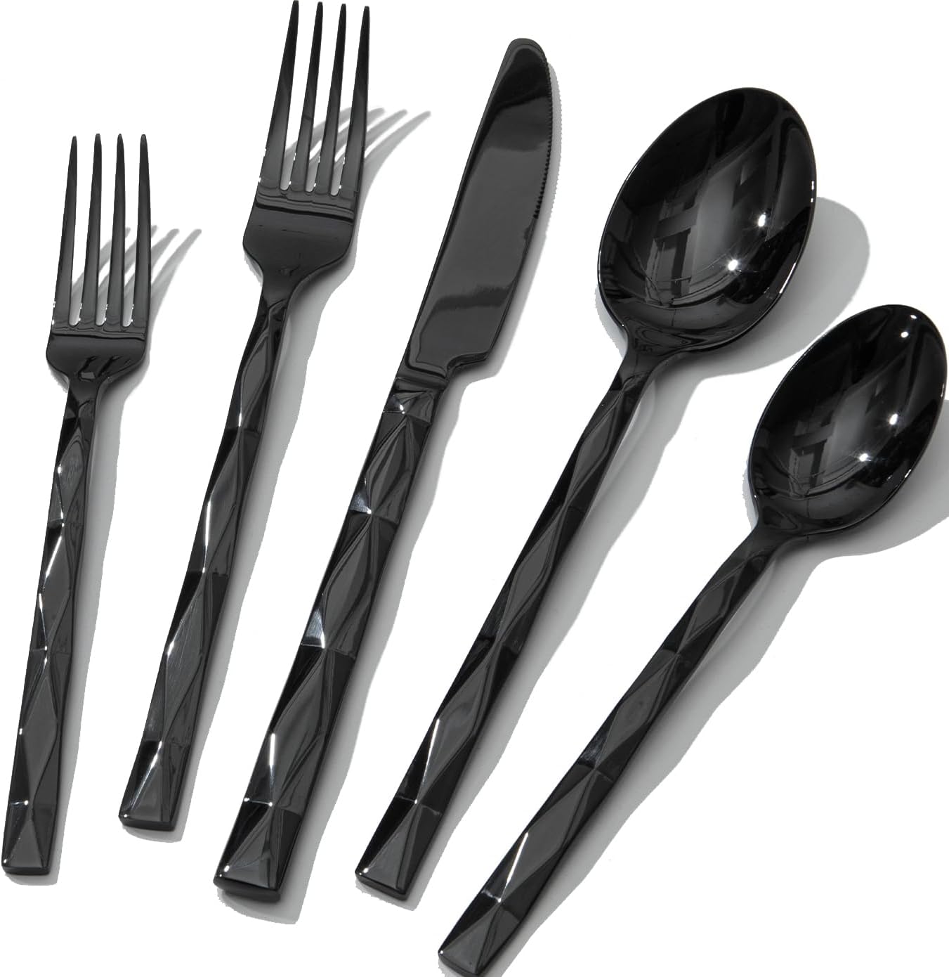 KINGSTONE Black Silverware Set, Luxury 60 Piece Flatware Set for, 18/10 Stainless Steel Cutlery Set with Diamond Cut Pattern for Kitchen, Home, Wedding, Party, Mirror Polished and Dishwasher Safe