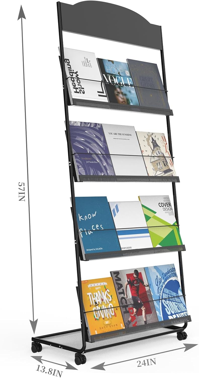 Floor-Standing Magazine Rack 4-Layer with Wheels, Semi-arched top Brochure Display Stand, High-hardness metal for Exhibitions, Office, and Any Organization Requiring Information Display (Arc-Black)