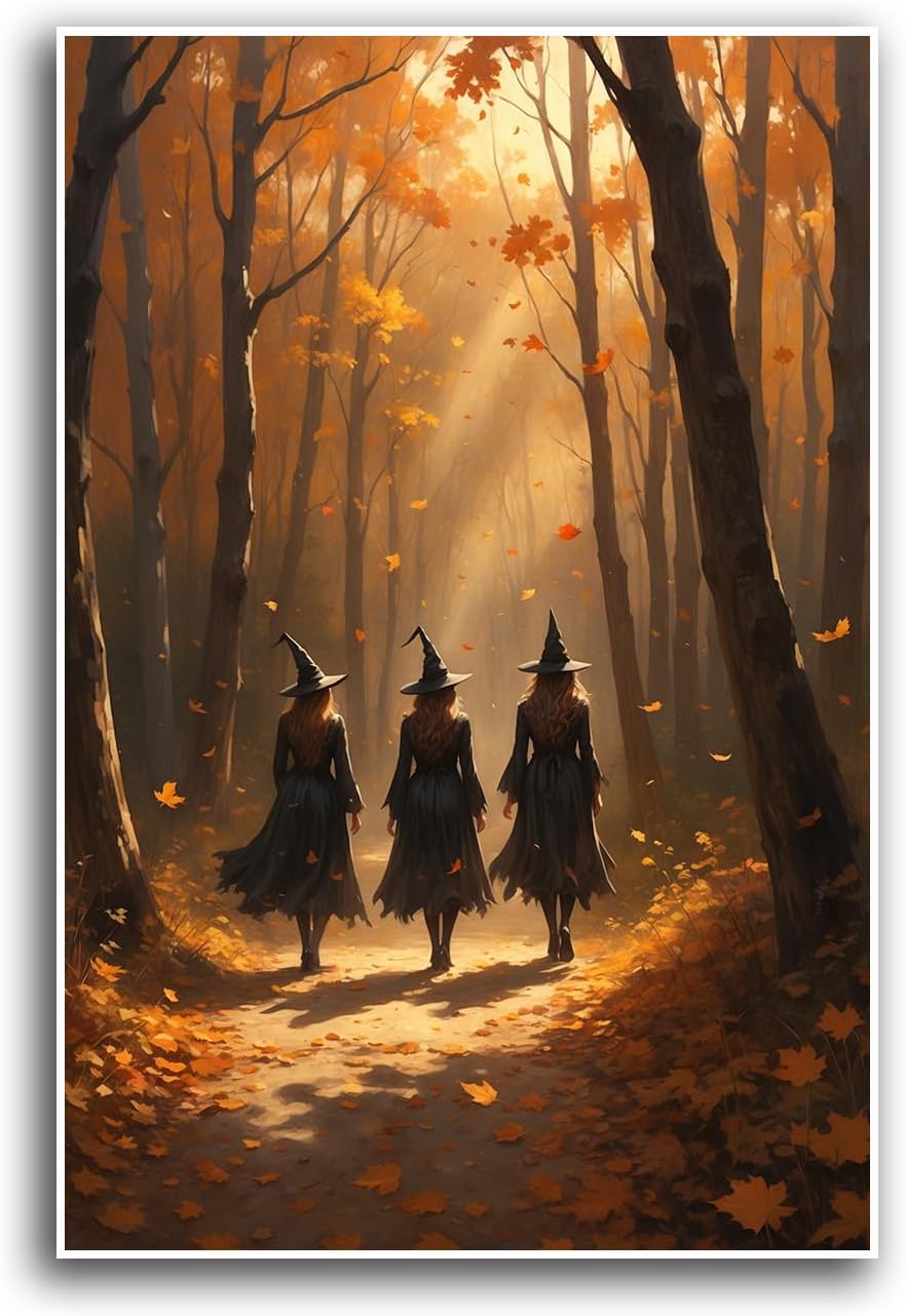 JFHCQJPK Three witches walking in the forest in autumn canvas painting gothic poster halloween print country witch wall art for home decoration8x12in Frameless