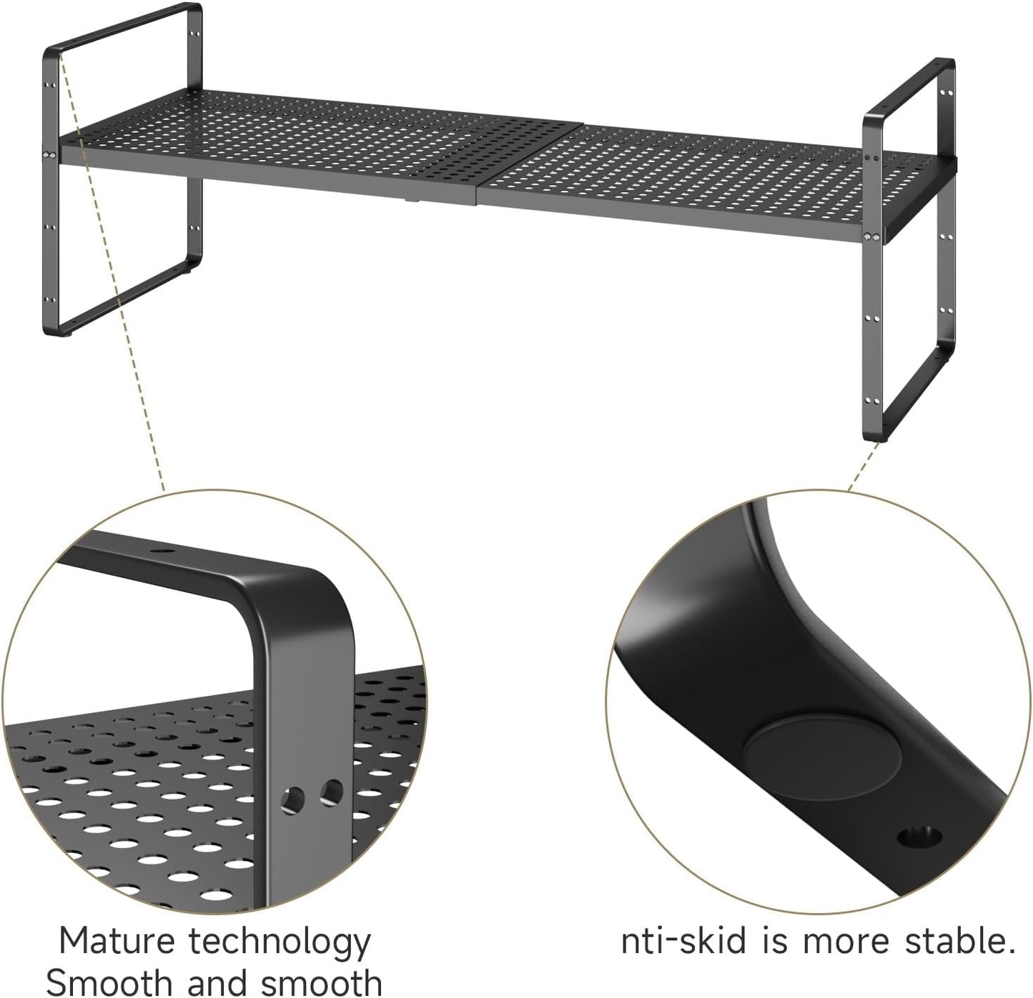 Hole Pattern Expandable Shelf Organizer,2Pack 10.2" Wide Easy to Assemble Cabinet Organizer Shelf, 16.5~27.1" Adjustable Height&Stackable Spice Organization for Cupboard, Black