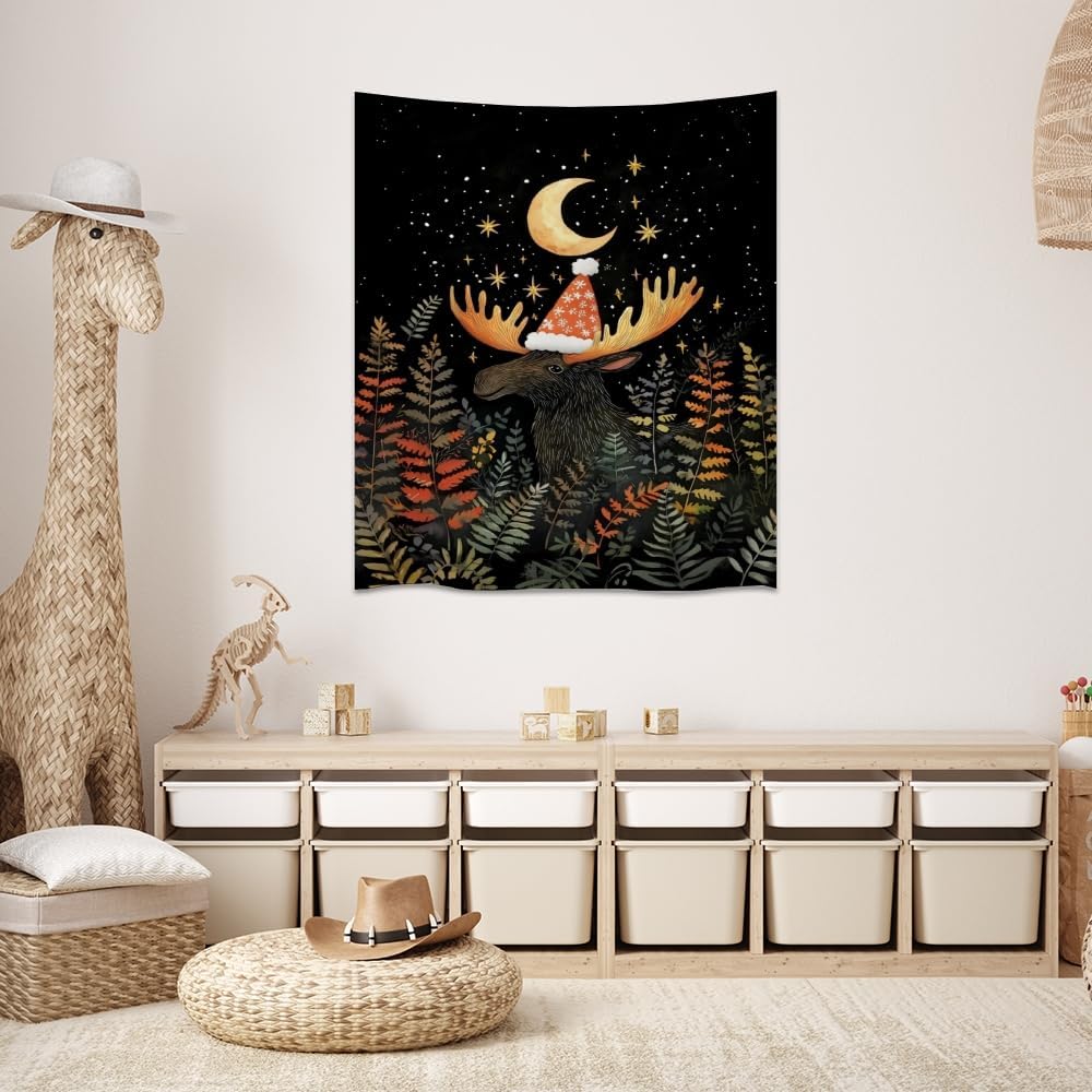 Cute Moose Tapestry Winter Christmas Aesthetic Wall Hanging Decor Funny Animal Lover Gift Whimsical Christmas Tapestries for Nursery Kids Bedroom Home Living Room Decoration 30x40inch