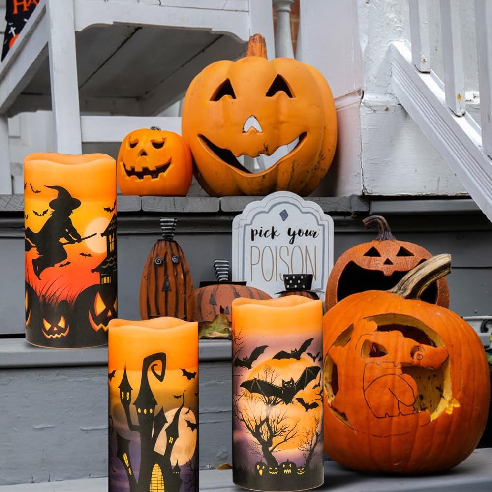 Wondise Halloween Flameless Flickering Candles with 6hrs Timer, Battery Operated Candles with Halloween Decals Real Wax LED Pillar Candles for Halloween Home Table Decor (3 x 6 Inches), Orange