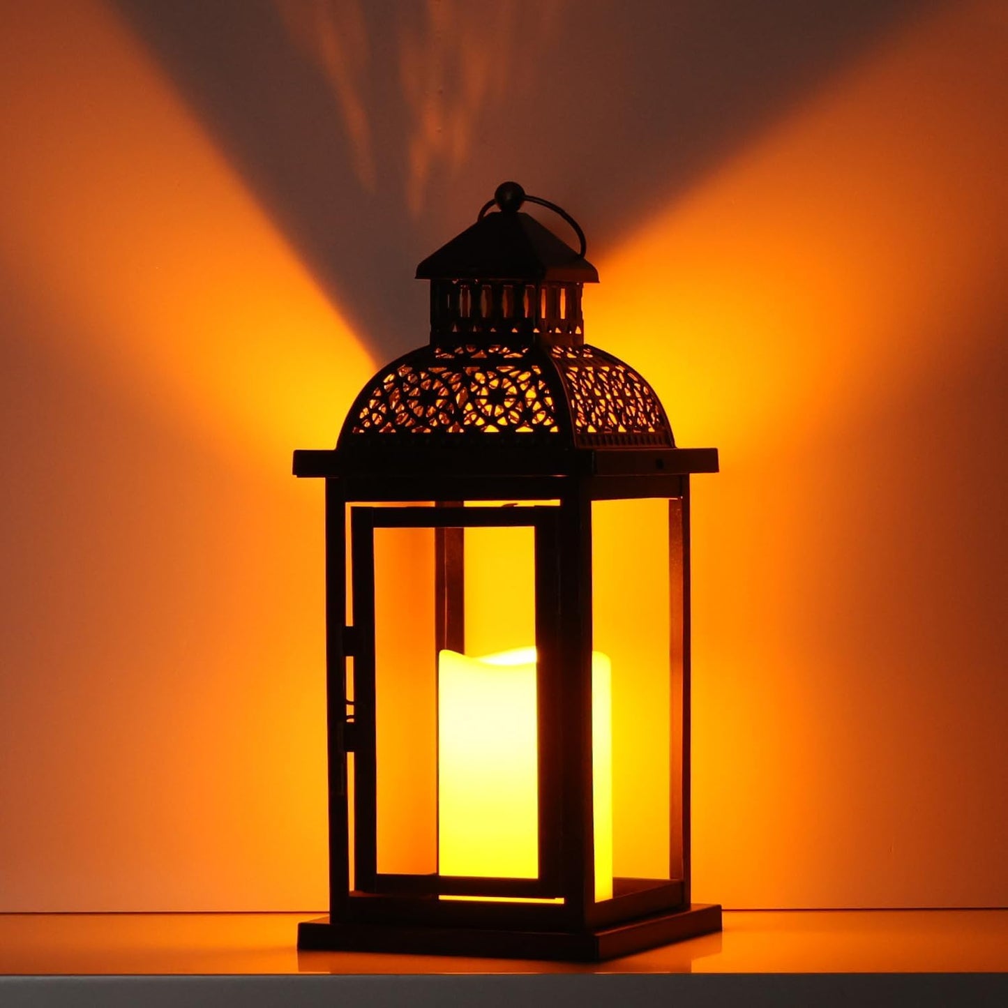 DECORKEY No Glass Lanterns Decorative Indoor & Outdoor, 15'' Candle Lantern Decorative Christmas Indoor Outdoor Decor, Vintage Metal Hanging Lanterns with LED Candle for Patio, Front Porch,Yard, Table