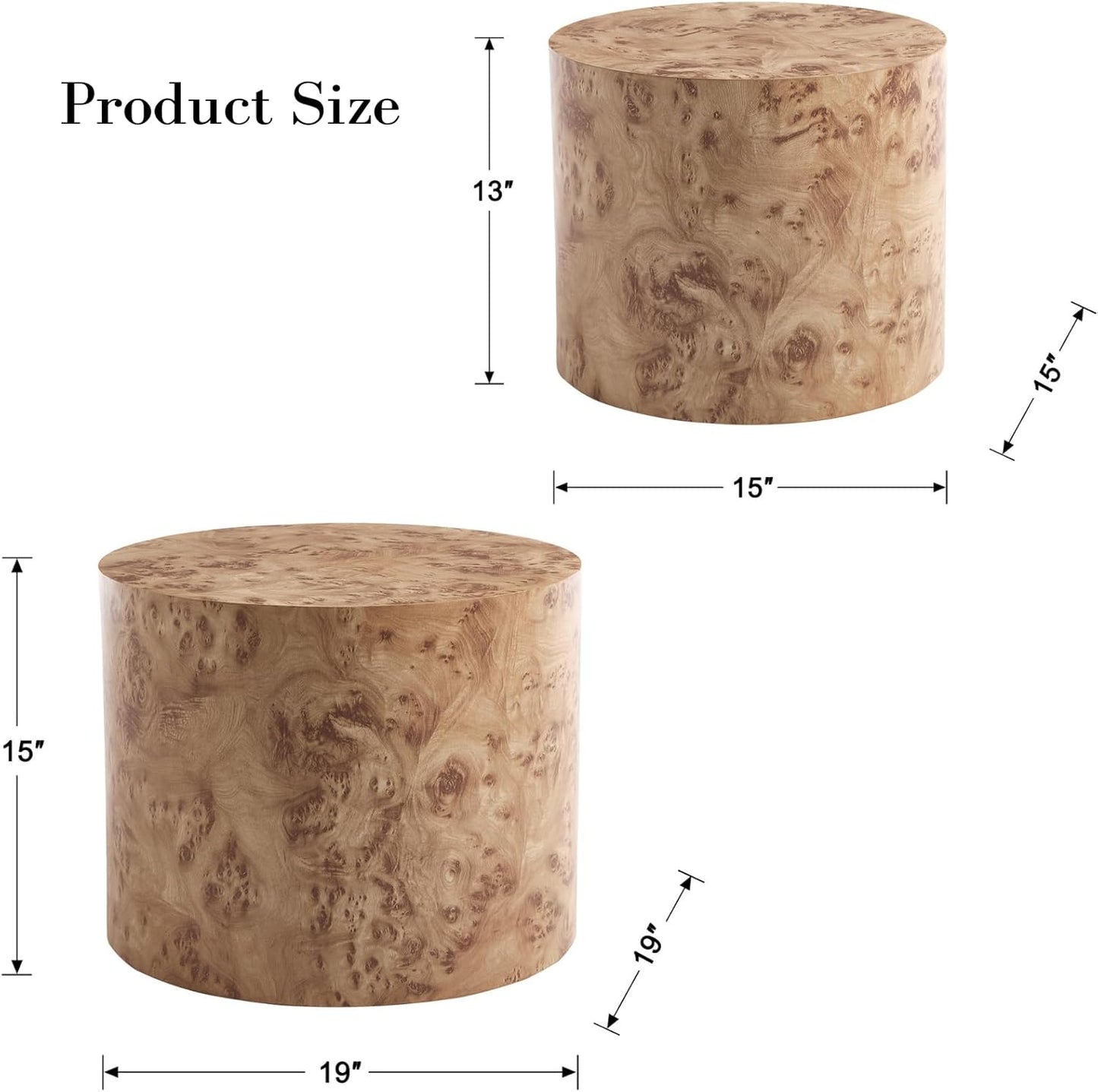 Round Coffee Tables Side Table Set of 2, Wood Nesting End Table for Living Room Balcony Office, Walnut Wooden Color, Natural Burl Color, No Assembling