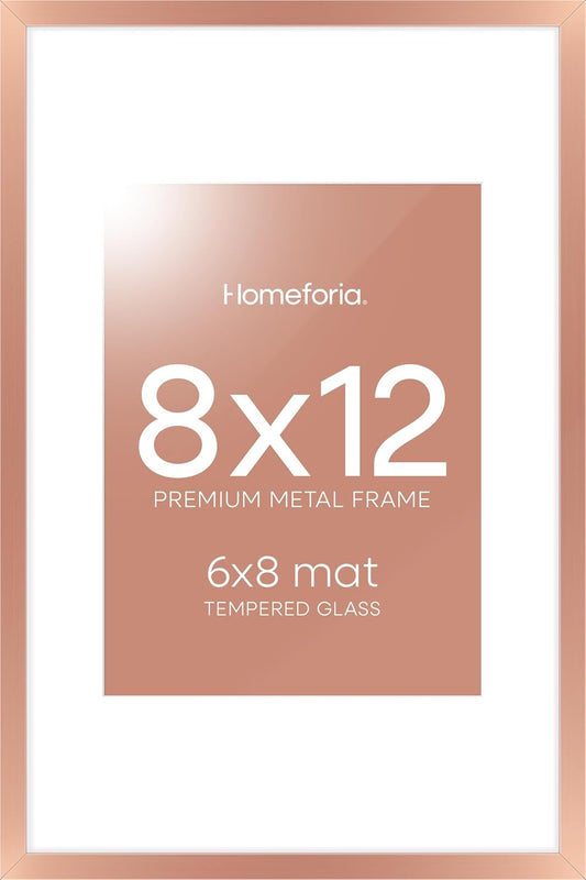 Homeforia 8x12 Picture Frame Rose Gold, High End Metal 8 x 12 Poster Frames with Mat 6 by 8 Photo, 12x8 Frame Matted to 6x8 inch Print, 8by12 Wall or Tabletop Frame, Tempered Glass, Wall Kit, Set of 1