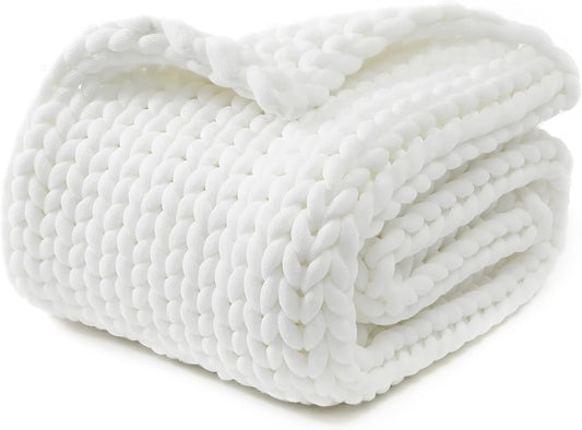 YnM Chunky Throw Blanket, Medium-Weight, Hand Knitted, Skin Friendly, Ventilated and Breathable, Machine Washable, Home Décor Piece for Couch, Sofa and Bed (White, 50x70 Inch)