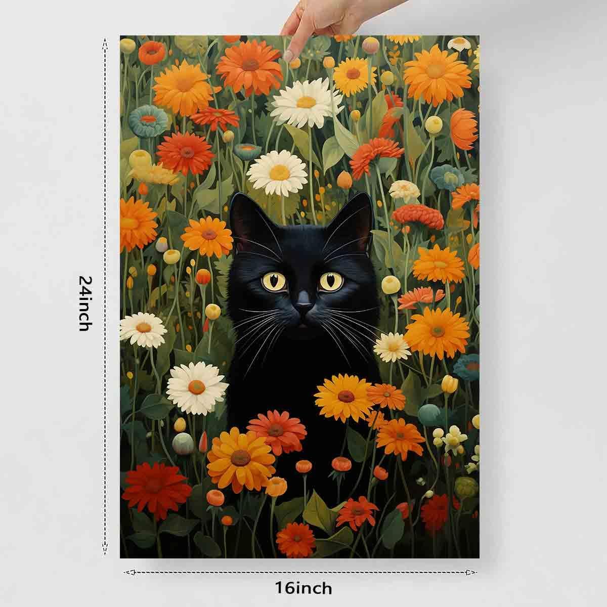 Vlolvfe Black Cat Wall Art Colorful Flower Pictures Funny Cat Painting Green Plant Pictures Colorful Wildflowers Wall Art Cute Animals Floral Picture Aesthetic Living Room Decor 16x24inch No Frame
