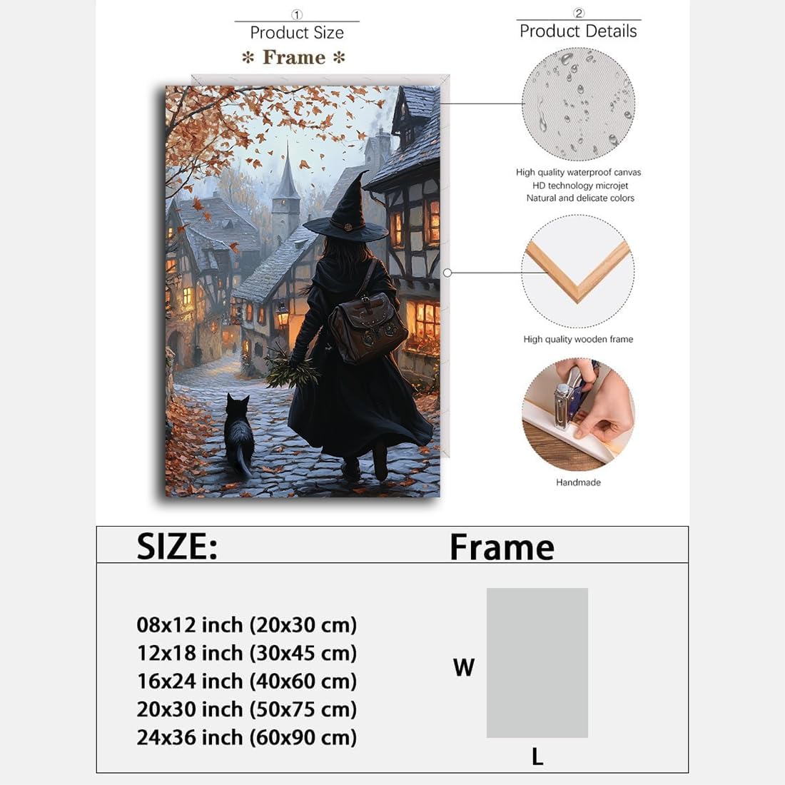 Autumn Witch And Black Cat Picture Wall Decor,Halloween Canvas Vintage Rustic Wall Art,Preppy Bedroom Living Room Bathroom Poster Print,20"x30" Framed