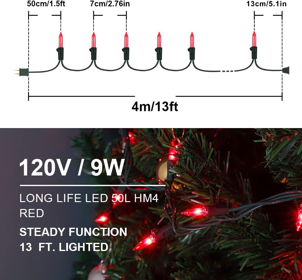 Hopolon 50 Red Christmas Lights, 2PACK Green Wire 13 Feet Long String Lights Set for Outdoor Indoor Décor, Valentines Day, Wedding, Halloween, Christmas Trees, Holiday Lighting Decor(2pcs Red)