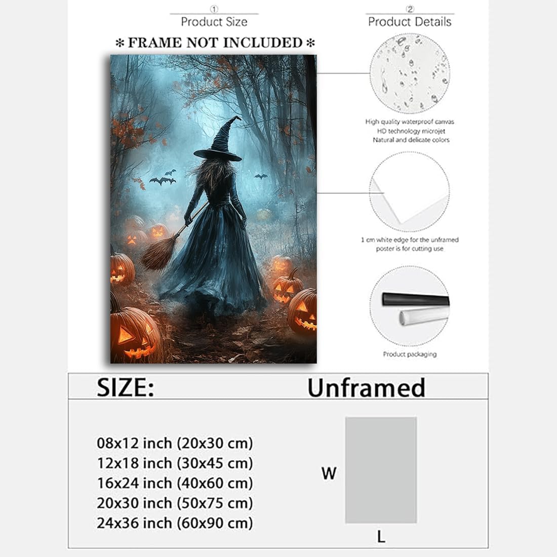 Vintage Moody Halloween Witch Artwork Wall Decor,Spooky Halloween Gothic Canvas Artwork Creepy Horror Witch with A Broom Pumpkin Bats Rustic Forest Picture,Dark Academia Poster,24"x36" Unframed