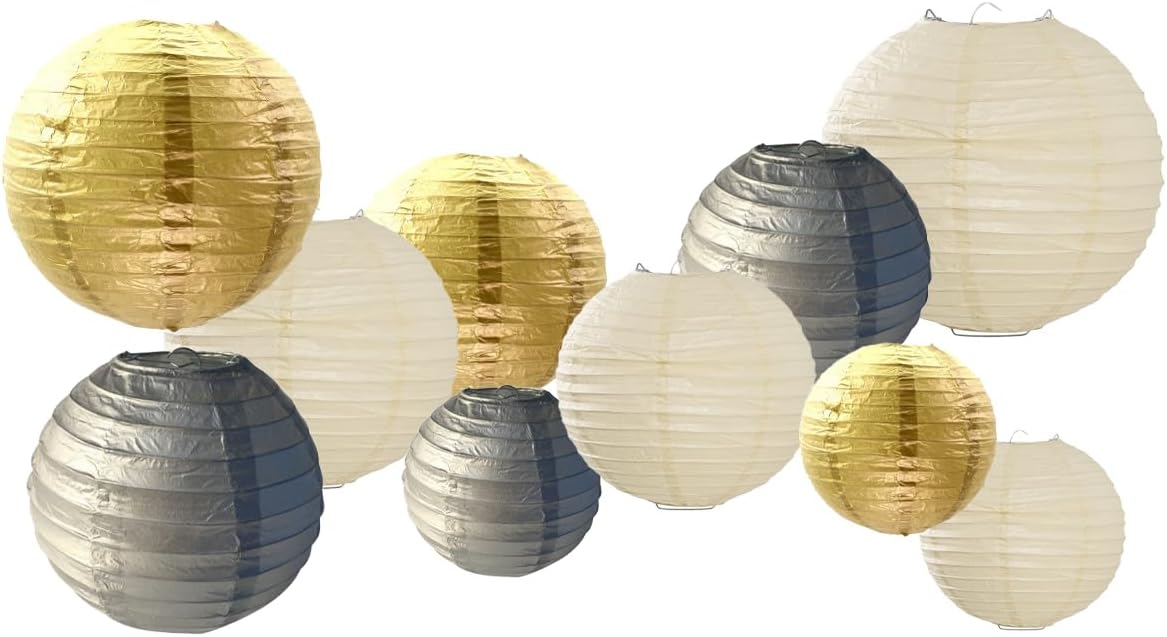 Paper Lanterns Decorations,Paper Hanging Decorations Ball Lanterns Lamps for Birthday Parties, Wedding Decor, （10 Pcs,4 in/6 in/8 in/10 in,Gold/Silver/White）