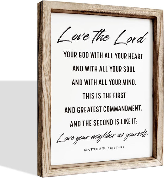 Christian Wall Plaque, Master Bedroom Decor Above Bed, Rustic Farmhouse Christian Decor, Matthew 22:37-39 Signs, Framed Wall Plaque Sign 15 * 11.5 inches, Love the Lord Sign
