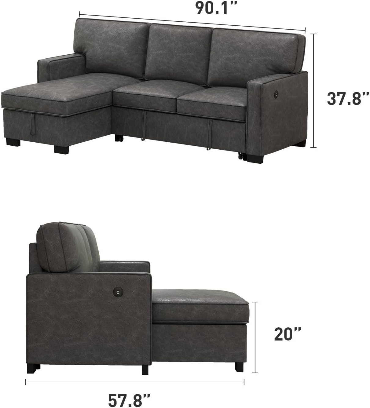 EBELLO Convertible Sleeper Sofa 3 in 1, Faux Leather Modern L-Shaped Couches for Living Room, Pull Out Sectional Futon Sofa Bed with Storage Space, USB Ports and Cup Holders for Bedroom