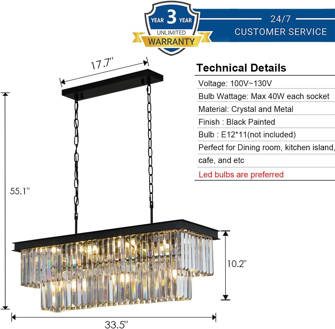 Crystal Chandeliers for Dining Room 11-Light Black Modern Chandelier Rectangle Contemporary Pendant Light Fixture for Kitchen Island Bar L33.5 Inch