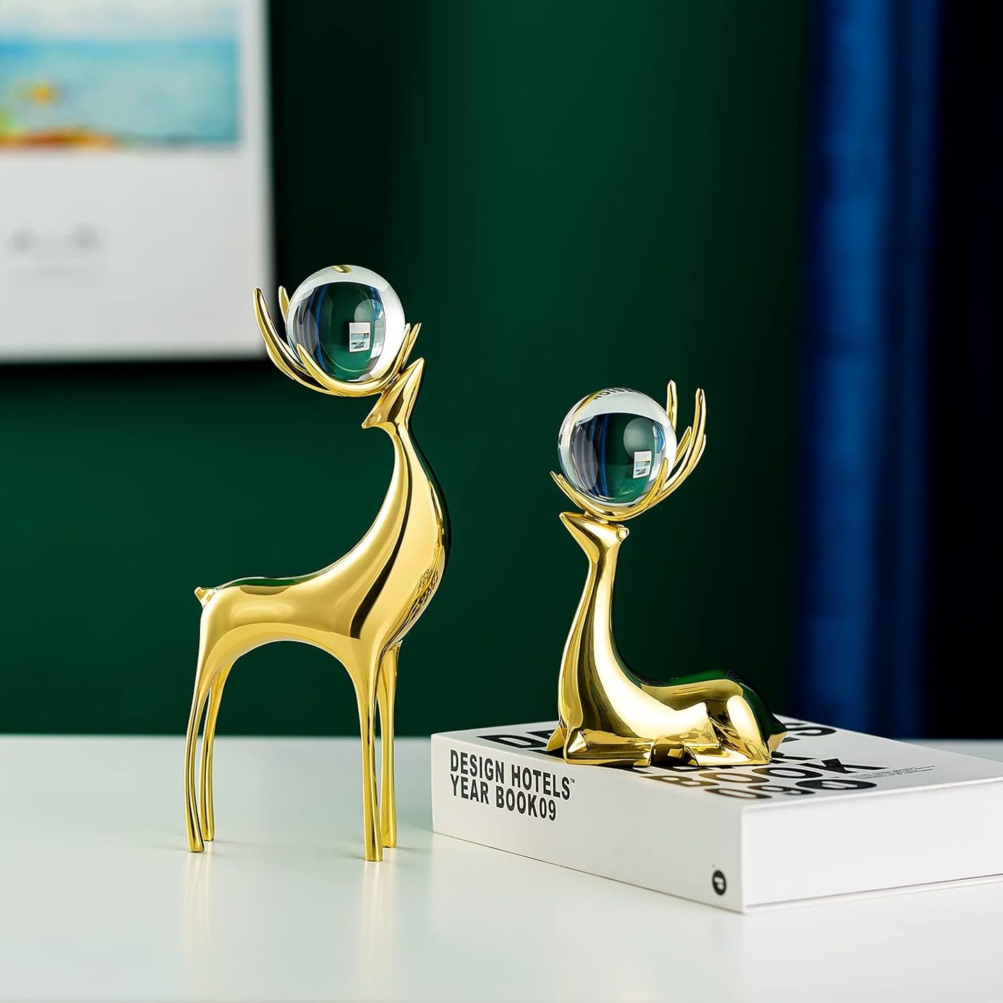 Sziqiqi Brass Reindeer Christmas Statue - Deer Sculpture for Living Room Decor - Gold Metal Reindeer Antler Animal for Tabletop