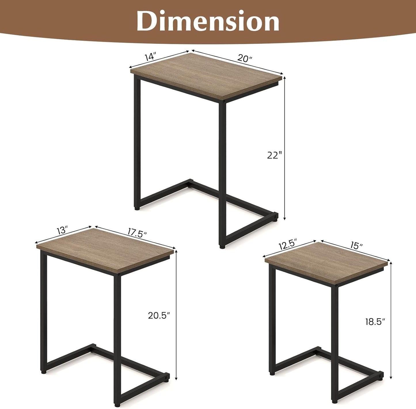 Giantex Nesting Coffee Table Set of 3, Stackable Square End Table w/Wood Grain Tabletop & Heavy-Duty Metal Frame, Farmhouse C-Shaped Accent Table for Small Space, Living Room, Bedroom (Black Oak)