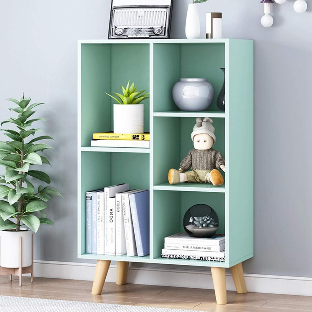 IOTXY Wooden Open Shelf Bookcase - 3-Tier Floorstanding Display Cabinet Rack with Legs, 5 Cubes Free Standing Bookshelf, Tiffany-Green