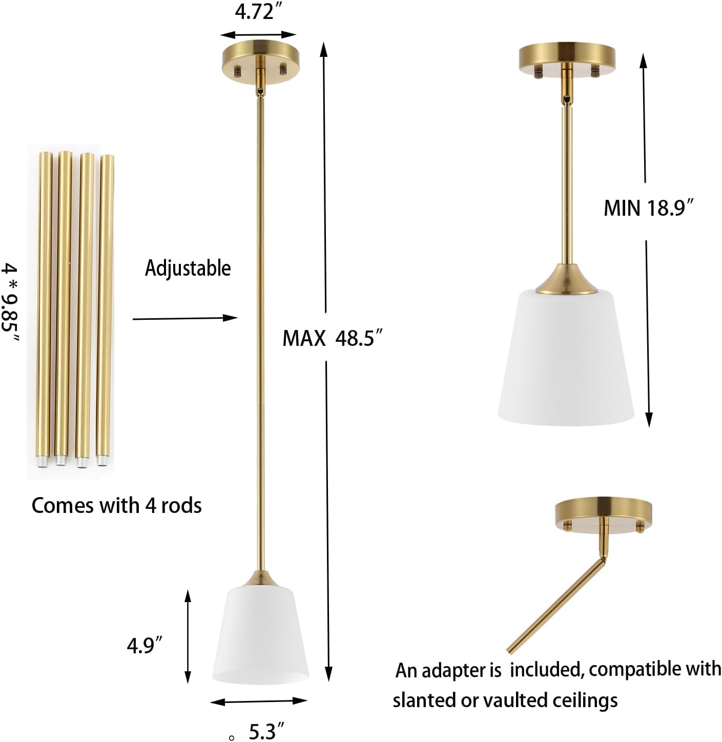Modern Gold Pendant Light 3 Pack Brushed Brass Mid Century Chandelier White Cylinder Glass Shades Adjustable Rods Farmhouse Ceiling Hanging Lighting Fixture Kitchen Island Dining Room Bedroom